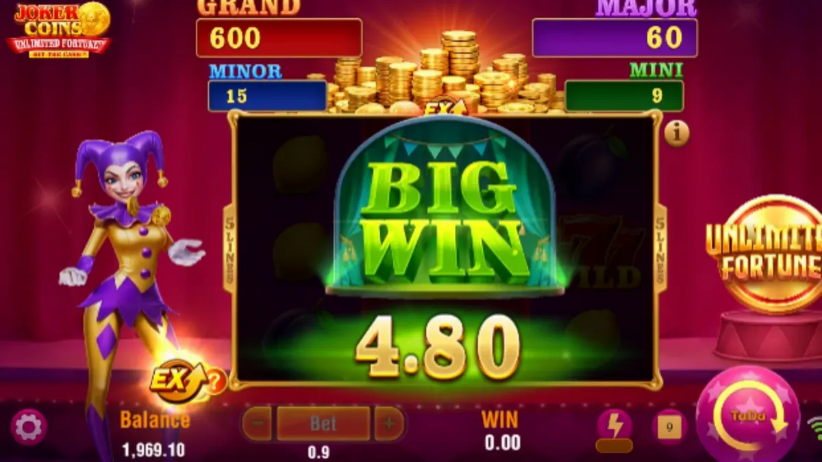 Tampilan visual mesin slot Joker Coins Unlimited Fortune dengan tema neon dan simbol buah klasik.